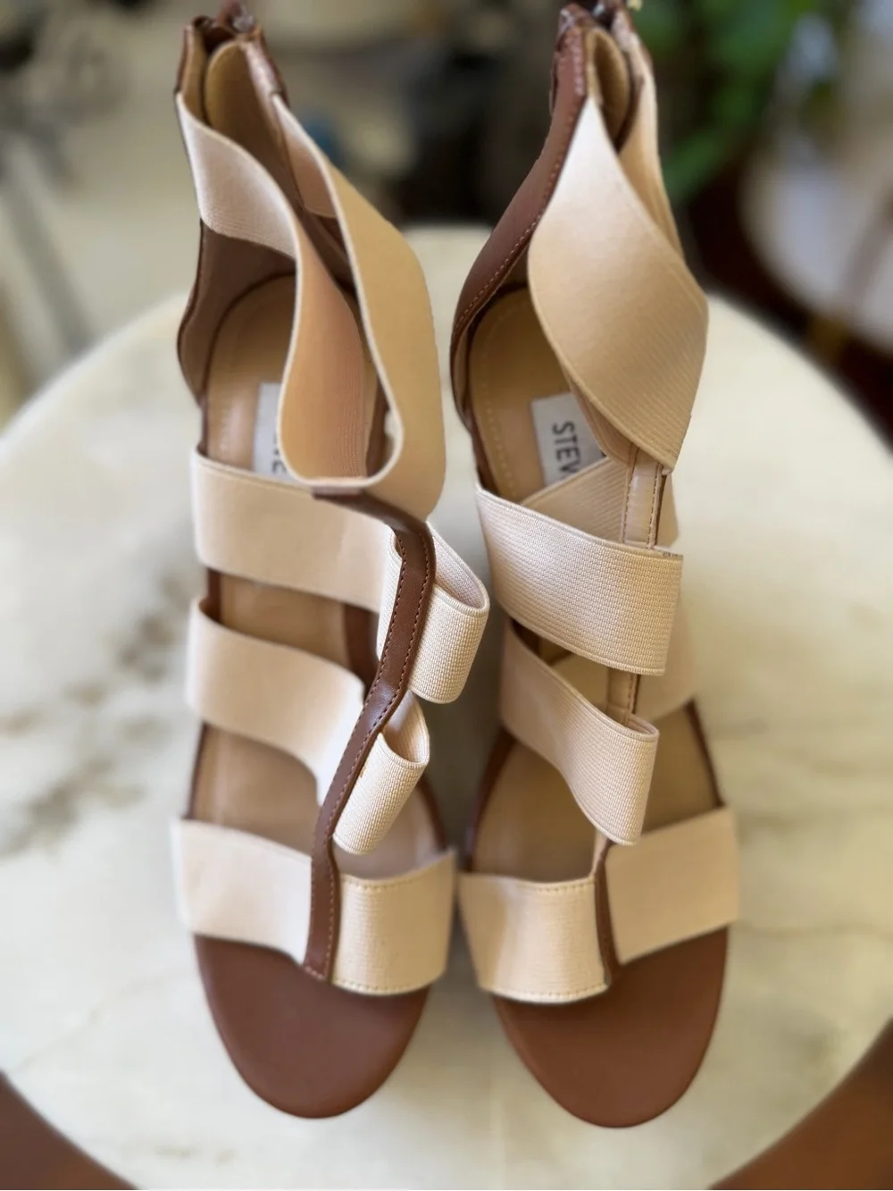 NWOT Steve Madden Beige and Brown Cork Wedge Sandals with Elastic Straps